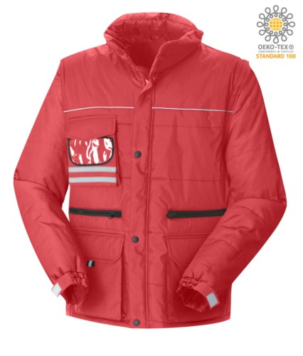 Multi pocket jacket with detachable waterproof sleeves, removable hood with reflective profiles on the pocket and badge holder, color red