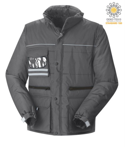 Multi pocket jacket with detachable waterproof sleeves, removable hood with reflective profiles on the pocket and badge holder, color grey