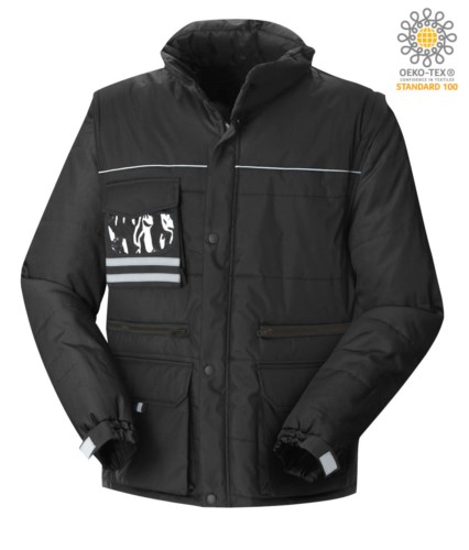 Multi pocket jacket with detachable waterproof sleeves, removable hood with reflective profiles on the pocket and badge holder, color black