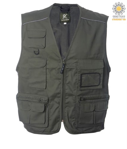 summer work vest with green badge holder with nine pockets and reflective piping