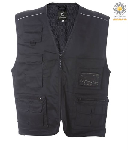 summer work vest with black badge holder with nine pockets and reflective piping
