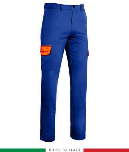 Two-tone multi-pocket trousers. Made in Italy. Possibility of custom production. Color: Royal Blue / Orange 