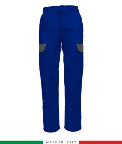Two-tone multi-pocket trousers. Made in Italy. Possibility of custom production. Color: royal blue/grey