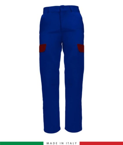 Two-tone multi-pocket trousers. Made in Italy. Possibility of custom production. Color: royal blue/red