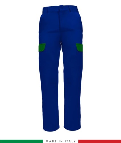 Two-tone multi-pocket trousers. Made in Italy. Possibility of custom production. Color:royal blue/ bright green