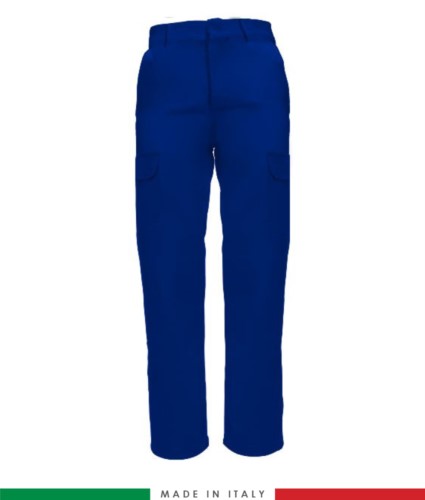 Two-tone multi-pocket trousers. Made in Italy. Possibility of custom production. Color: royal blue