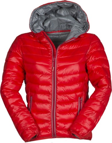 Women padded hooded jacket with sporty zip in contrast, two outside pockets, interior in contrasting colours red/grey