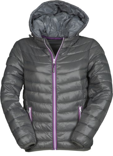 Women padded hooded jacket with sporty zip in contrast, two outside pockets, interior in contrasting colour grey