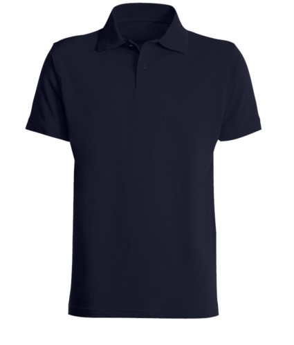 Short sleeved polo shirt, closed collar, double stitching on shoulders and armholes, vents at the bottom, reinforcement on the back of the neck, colour navy blue 

