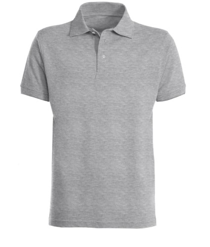 Short sleeved polo shirt, closed collar, double stitching on shoulders and armholes, vents at the bottom, reinforcement on the back of the neck, colour melange grey 