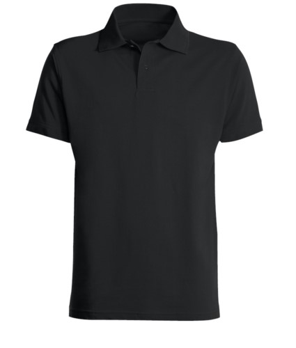 Short sleeved polo shirt, closed collar, double stitching on shoulders and armholes, vents at the bottom, reinforcement on the back of the neck, colour black 
