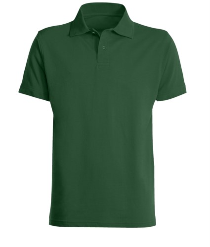 Short sleeved polo shirt, closed collar, double stitching on shoulders and armholes, vents at the bottom, reinforcement on the back of the neck, colour bottle green 