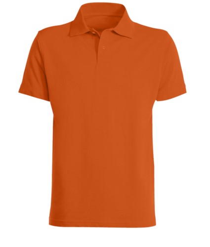 Short sleeved polo shirt, closed collar, double stitching on shoulders and armholes, vents at the bottom, reinforcement on the back of the neck, colour orange 