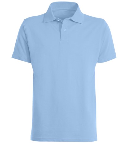 Short sleeved polo shirt, closed collar, double stitching on shoulders and armholes, vents at the bottom, reinforcement on the back of the neck, colour light blue

