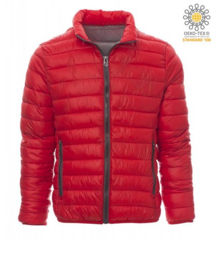 Padded nylon jacket with feather effect padding, interior and contrasting finishes. Colour: red & grey