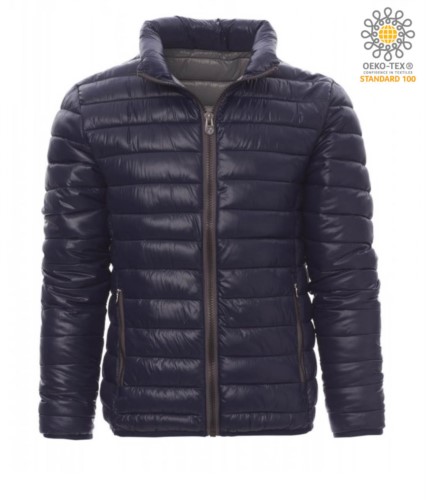 Padded nylon jacket with feather effect padding, interior and contrasting finishes. Colour: navy blue & grey