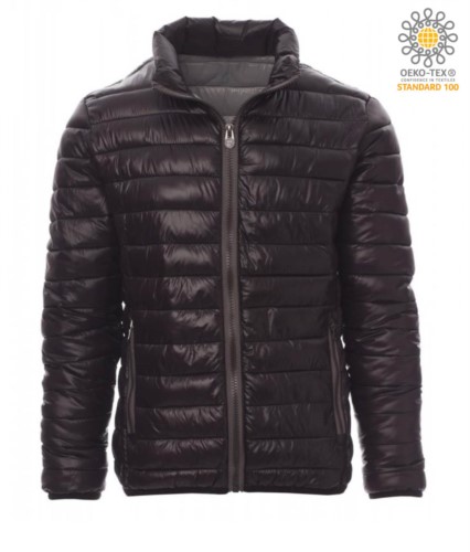 Padded nylon jacket with feather effect padding, interior and contrasting finishes. Colour: Black and Grey