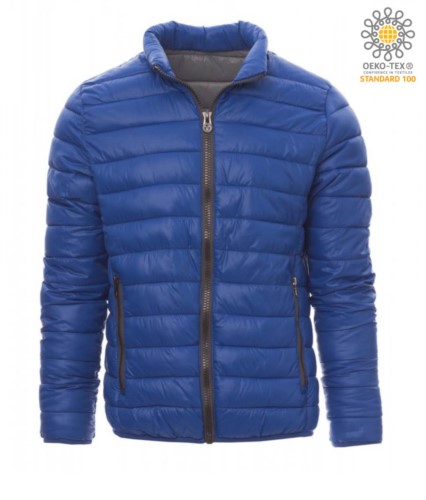 Padded nylon jacket with feather effect padding, interior and contrasting finishes. Colour: Royal Blue and Grey