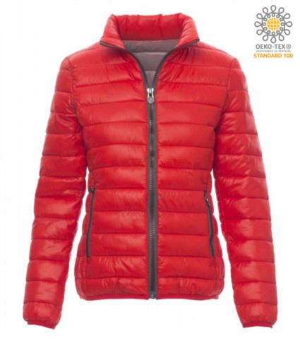 Padded nylon jacket for women with feather effect padding, interior and contrasting finishes. Colour:  Red and Grey