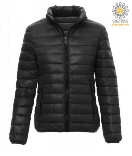 Padded nylon jacket for women with feather effect padding, interior and contrasting finishes. Colour:  black & grey