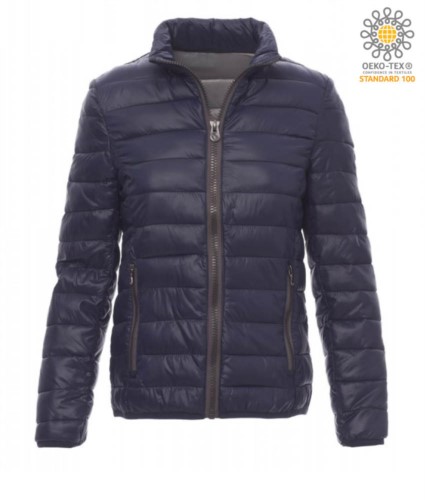 Padded nylon jacket for women with feather effect padding, interior and contrasting finishes. Colour:  Blue and Grey