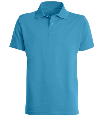 Short sleeved polo shirt, closed collar, double stitching on shoulders and armholes, vents at the bottom, reinforcement on the back of the neck, colour atoll 