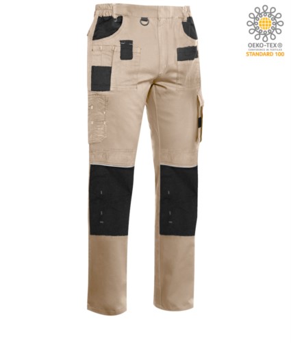 Professional multi pocket trousers with contrasting details and stitching, elasticated, colour beige/black 