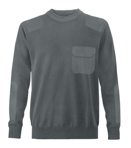 Men crew neck sweater, coarse knit fabric, shoulder and elbow patches, flap pocket, 100% acrylic fabric
color grey
