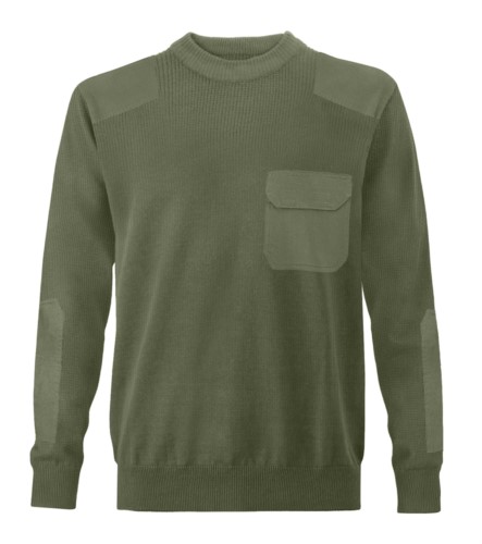 Men crew neck sweater, coarse knit fabric, shoulder and elbow patches, flap pocket, 100% acrylic fabric
color militar green
