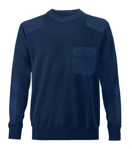 Men crew neck sweater, coarse knit fabric, shoulder and elbow patches, flap pocket, 100% acrylic fabric
color navy blue