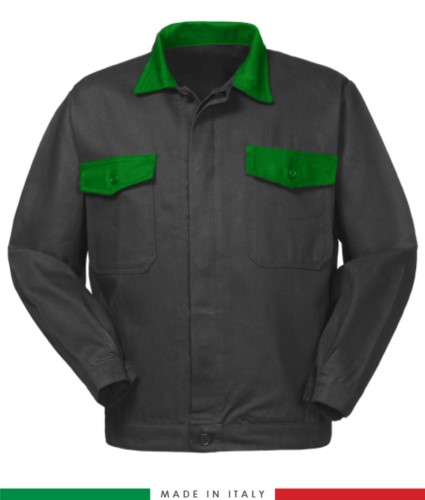 Two tone work jacket, Made in Italy. Two chest pockets. Possibility of customization. Color grey /bright green
