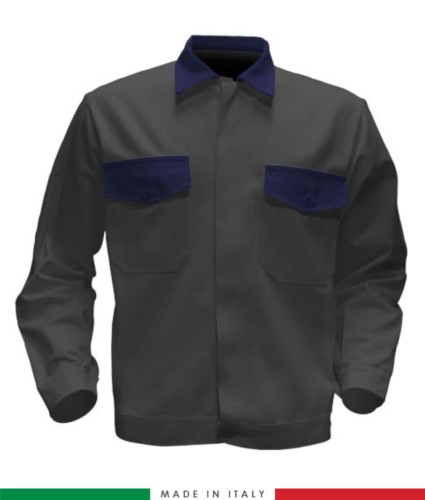 Two tone work jacket, Made in Italy. Two chest pockets. Possibility of customization. Color grey/navy blue