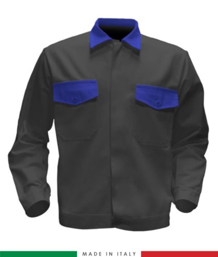 Two tone work jacket, Made in Italy. Two chest pockets. Possibility of customization. Color grey/royal blue