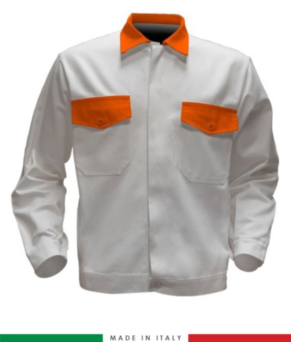 Two tone work jacket, Made in Italy. Two chest pockets. Possibility of customization. Color white/orange