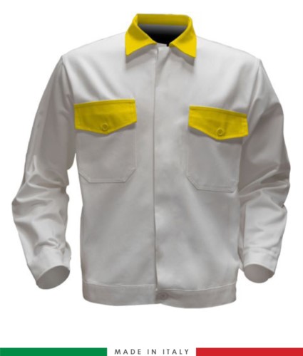 Two tone work jacket, Made in Italy. Two chest pockets. Possibility of customization. Color white/yellow