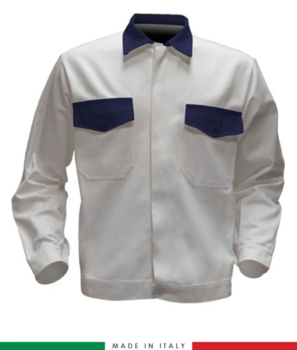 Two tone work jacket, Made in Italy. Two chest pockets. Possibility of customization. Color white/navy blue