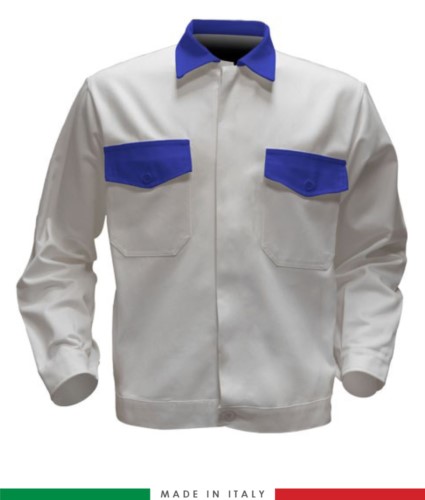 Two tone work jacket, Made in Italy. Two chest pockets. Possibility of customization. Color white/royal blue