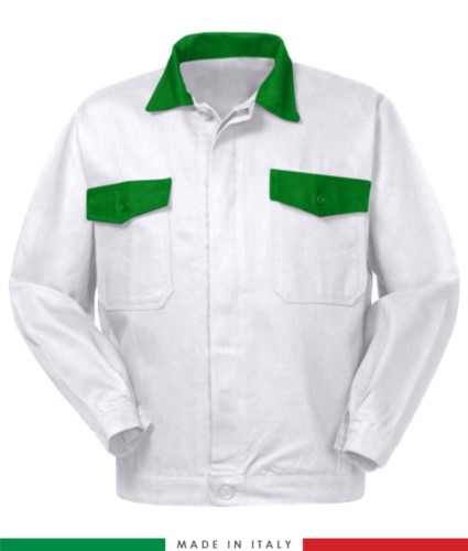Two tone work jacket, Made in Italy. Two chest pockets. Possibility of customization. Color Brilliant White/Green
