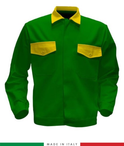 Two tone work jacket, Made in Italy. Two chest pockets. Possibility of customization. Color bright green /yellow