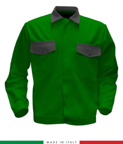 Two tone work jacket, Made in Italy. Two chest pockets. Possibility of customization. Color bright green /grey