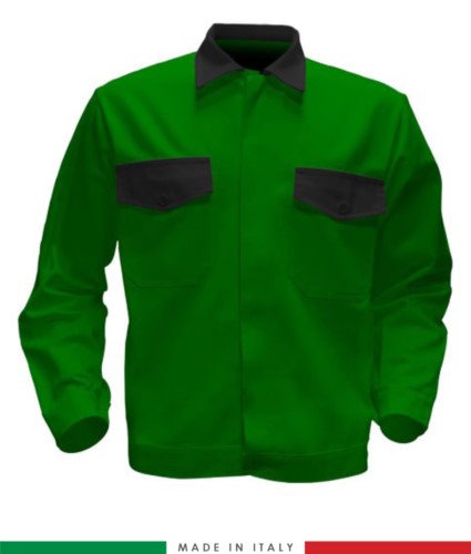 Two tone work jacket, Made in Italy. Two chest pockets. Possibility of customization. Color bright green/black