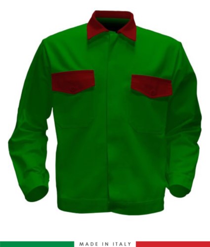 Two tone work jacket, Made in Italy. Two chest pockets. Possibility of customization. Color bright green/red