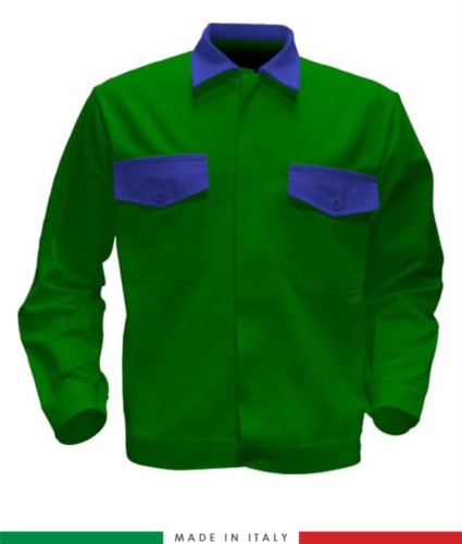 Two tone work jacket, Made in Italy. Two chest pockets. Possibility of customization. Color bright green/royal blue