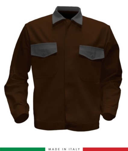 Two tone work jacket, Made in Italy. Two chest pockets. Possibility of customization. Color brown/grey