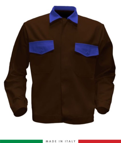 Two tone work jacket, Made in Italy. Two chest pockets. Possibility of customization. Color Brown/royal blue 