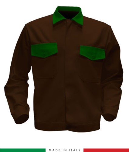 Two tone work jacket, Made in Italy. Two chest pockets. Possibility of customization. Color Brown/ bright green