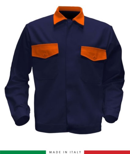 Two tone work jacket, Made in Italy. Two chest pockets. Possibility of customization. Color nvay blue/ orange