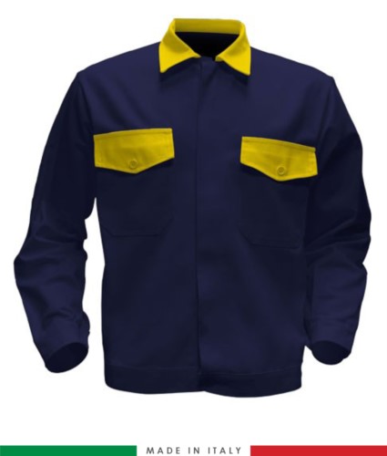 Two tone work jacket, Made in Italy. Two chest pockets. Possibility of customization. Color navy blue/  yellow