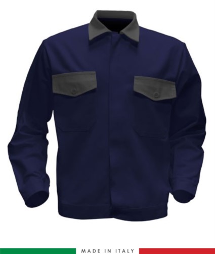 Two tone work jacket, Made in Italy. Two chest pockets. Possibility of customization. Color navy blue/grey