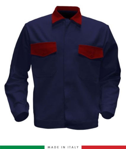 Two tone work jacket, Made in Italy. Two chest pockets. Possibility of customization. Color navy blue/red